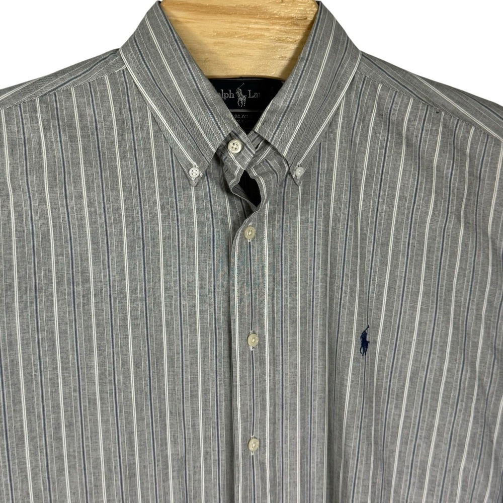 Ralph Lauren Blaire Cotton Men XL Gray Striped Pony Long Sleeve Button Shirt‎